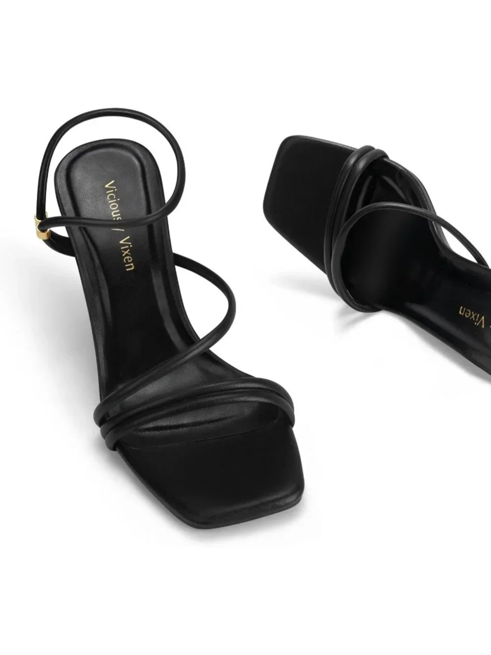 Women's All Black Faux Leather Strappy Square Open Toe Ankle Strap Heels Sandals